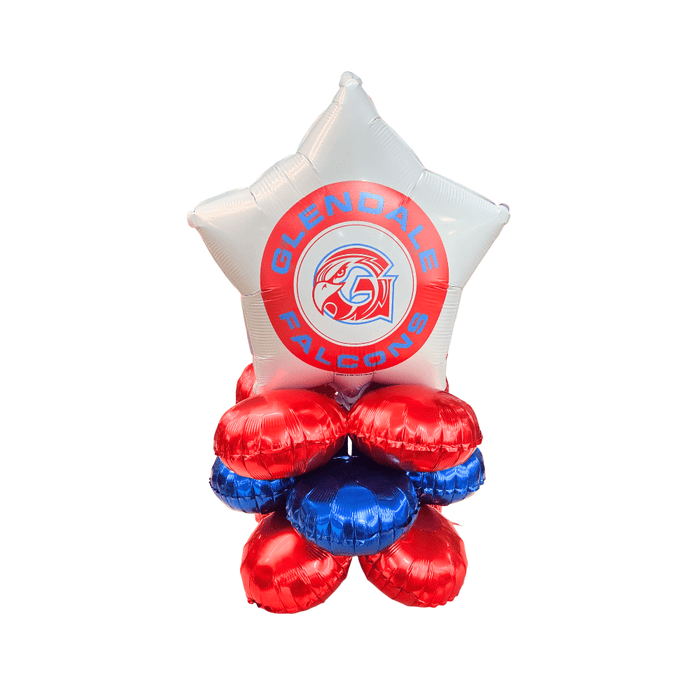 Star-shaped balloon with 'Glendale Falcons' logo on a white background