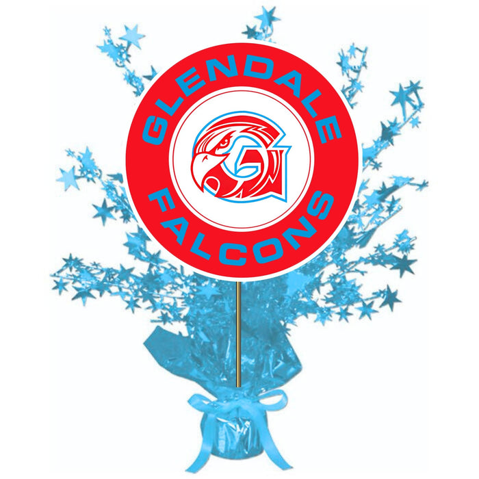 Decorative centerpiece with 'Glendale Falcons' logo and blue star decorations on a white background