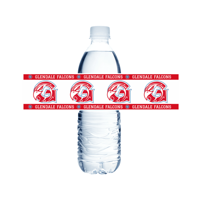 Clear water bottle with Glendale Falcons branding on a white background