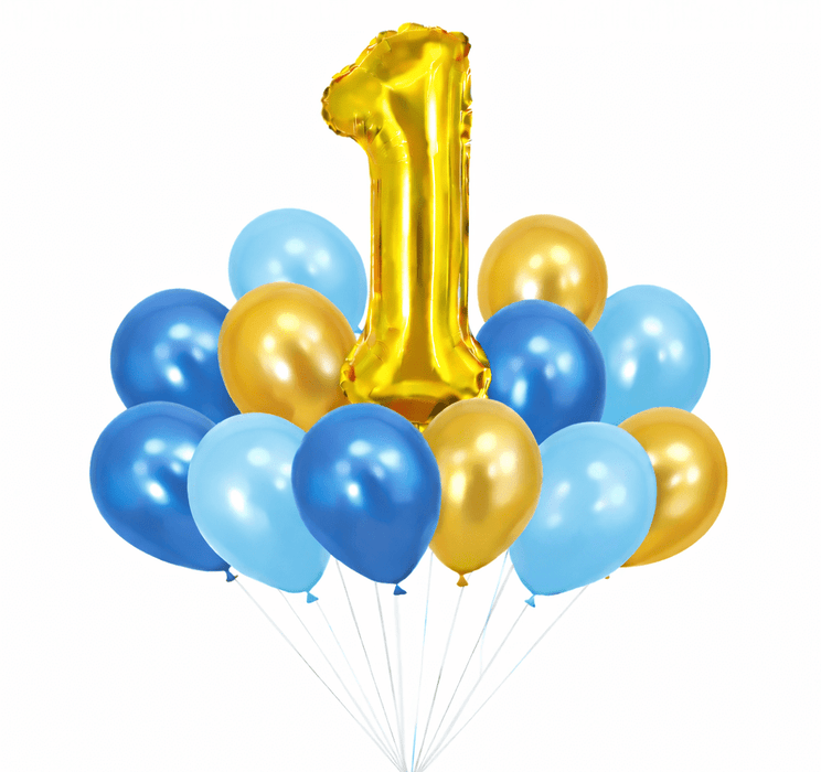 Customizable birthday balloon bouquet featuring a large gold number foil balloon and metallic blue, bright blue, and gold latex balloons