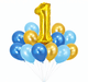 Customizable birthday balloon bouquet featuring a large gold number foil balloon and metallic blue, bright blue, and gold latex balloons