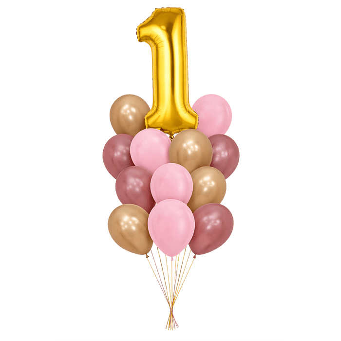 ustomizable birthday balloon bouquet featuring a large gold number foil balloon and pink, rose pink, and gold latex balloons.
