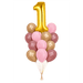 ustomizable birthday balloon bouquet featuring a large gold number foil balloon and pink, rose pink, and gold latex balloons.