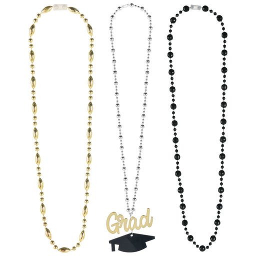 Graduation Black, Silver & Gold Layered Beaded Necklaces 20" | 3pcs
