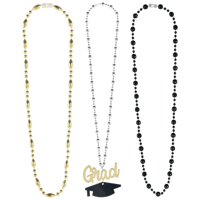 Graduation Black, Silver & Gold Layered Beaded Necklaces 20" | 3pcs