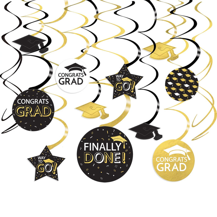 Graduation Mega Value Pack Black, Silver & Gold Swirl Decorations | 14 ct