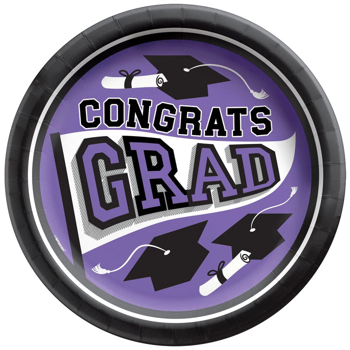Graduation True To Your School Round Plates Purple 9" | 20 ct