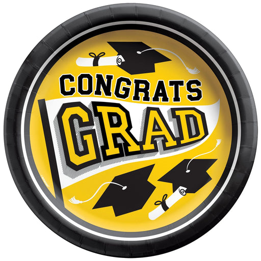 Graduation True To Your School Round Plates Yellow 9" | 20 ct