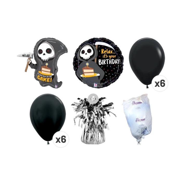 Grim reaper birthday balloon bouquet product kit image showing a grim reaper-shaped “Just Here for the Cake!” foil balloon, a round “Relax… It’s Your Birthday!” foil balloon, 6 black latex balloons, 6 dark green latex balloons, a matching balloon weight, and a balloon transport bag.