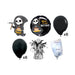 Grim reaper birthday balloon bouquet product kit image showing a grim reaper-shaped “Just Here for the Cake!” foil balloon, a round “Relax… It’s Your Birthday!” foil balloon, 6 black latex balloons, 6 dark green latex balloons, a matching balloon weight, and a balloon transport bag.