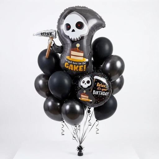“Grim Reaper Birthday Balloon Bouquet – Here for the Cake”