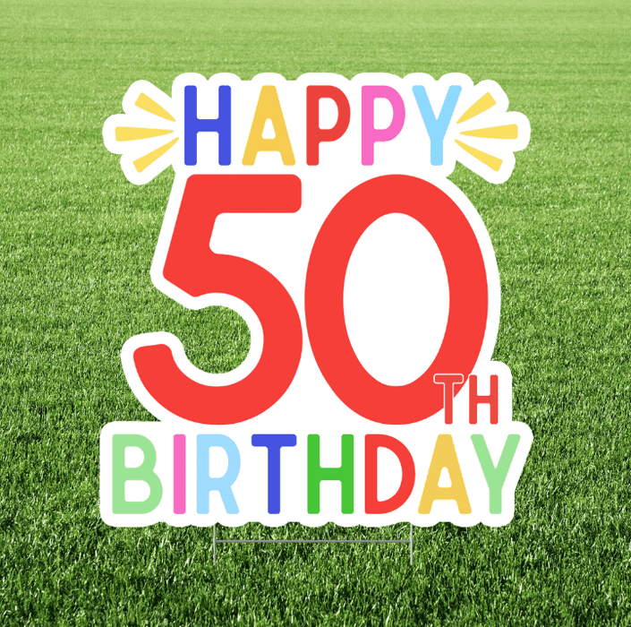 Colorful 'Happy 50th Birthday' sign on a grass background