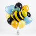 Bee balloon bouquet featuring a large smiling bee-shaped foil balloon, light blue heart-shaped foil balloons, and black, golden yellow, and pale yellow latex balloons.