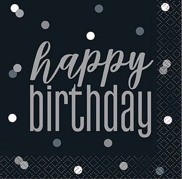 16ct Beverage Napkins Happy Birthday Black
