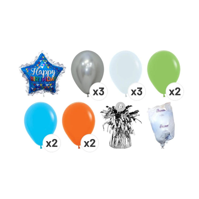 Colorful birthday balloon bouquet product kit image showing a blue star-shaped “Happy Birthday” foil balloon, 3 silver latex balloons, 3 white latex balloons, 2 light green latex balloons, 2 bright blue latex balloons, 2 orange latex balloons, a matching balloon weight, and a balloon transport bag.