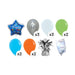Colorful birthday balloon bouquet product kit image showing a blue star-shaped “Happy Birthday” foil balloon, 3 silver latex balloons, 3 white latex balloons, 2 light green latex balloons, 2 bright blue latex balloons, 2 orange latex balloons, a matching balloon weight, and a balloon transport bag.