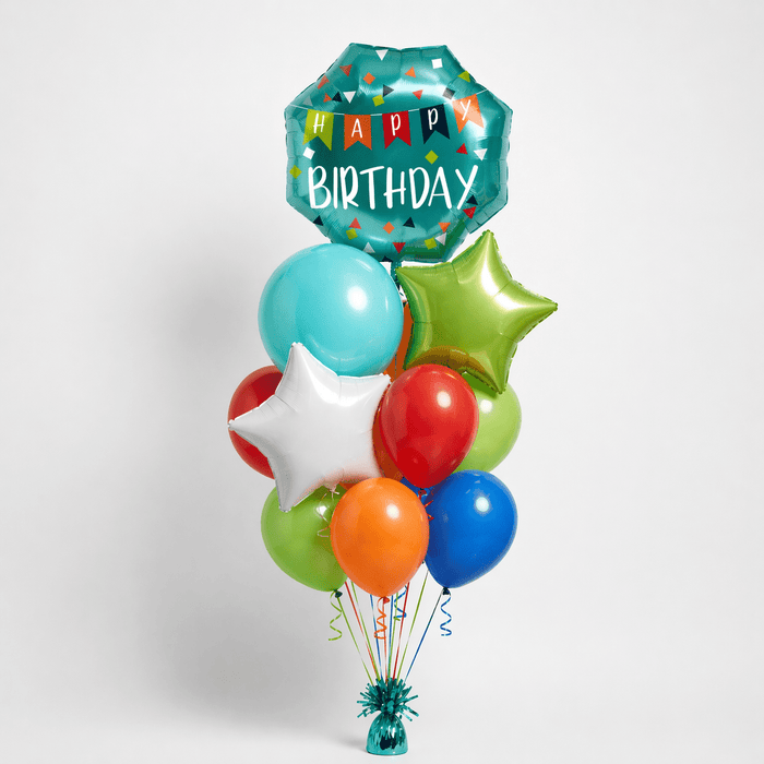 Birthday balloon bouquet featuring a teal “Happy Birthday” foil balloon with colorful confetti and banner details, a teal Orbz balloon, green and white star-shaped foil balloons, and red, orange, green, and blue latex balloons with curling ribbons.