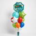 Birthday balloon bouquet featuring a teal “Happy Birthday” foil balloon with colorful confetti and banner details, a teal Orbz balloon, green and white star-shaped foil balloons, and red, orange, green, and blue latex balloons with curling ribbons.