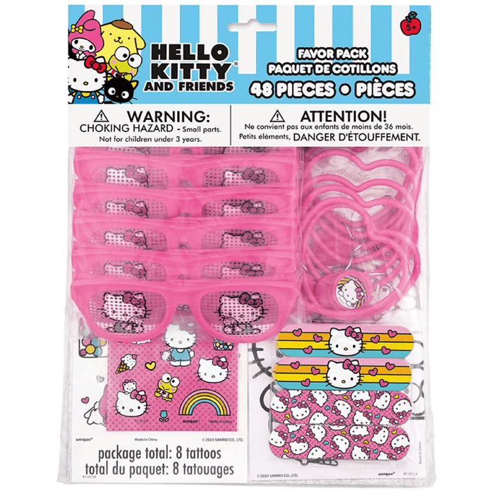 Hello Kitty and Friends favor pack with tattoos and accessories on a white background