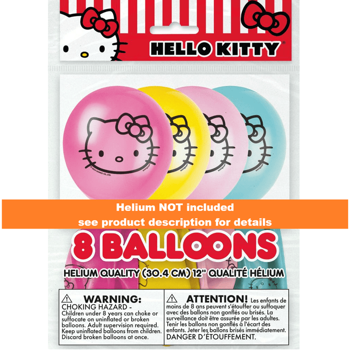 Pack of Hello Kitty balloons with a warning label on a white background