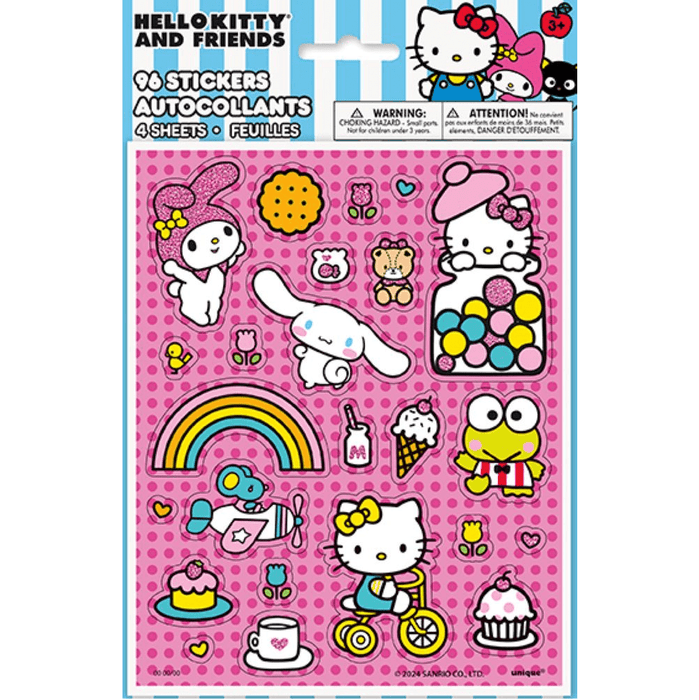 Sticker sheet with Hello Kitty and friends on a pink polka dot background