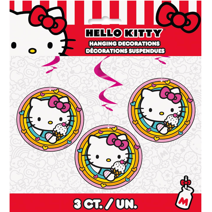 Hello Kitty hanging decorations packaging with three circular designs on a white background.
