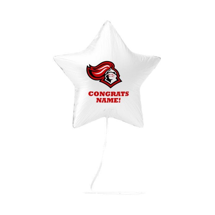 White star-shaped balloon with red and black design and text on a white background