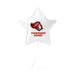 White star-shaped balloon with red and black design and text on a white background