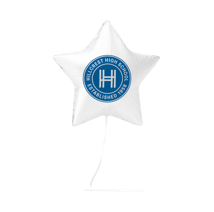 White star-shaped balloon with a blue logo and text on a white background