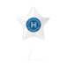White star-shaped balloon with a blue logo and text on a white background