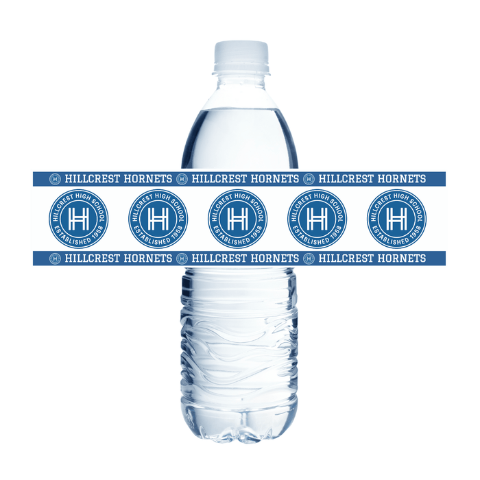 Clear water bottles with Hillcrest Hornets branding on a white background