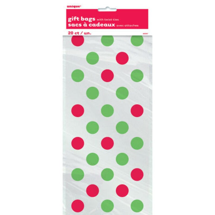 A package of Unique Party 5 inch by 11 inch Christmas Dots Cello Gift bags.