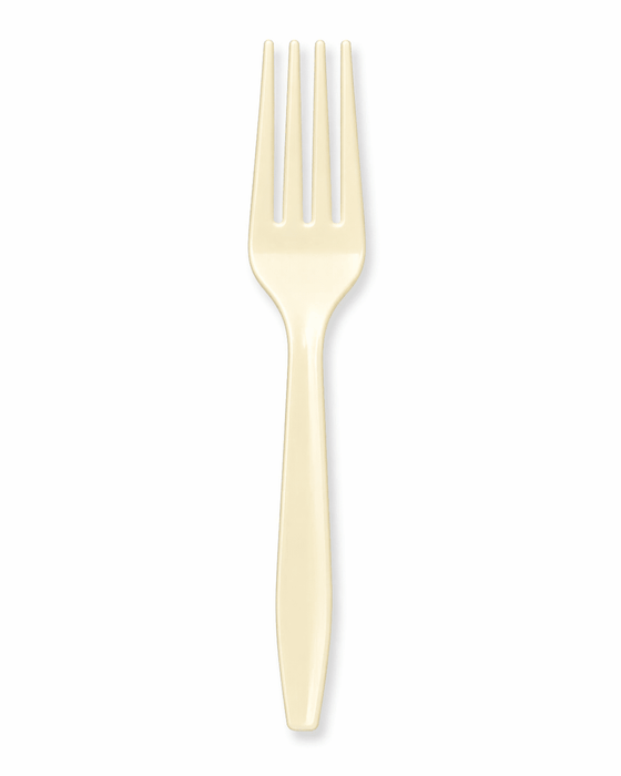 Alt text: Ivory premium plastic fork featuring a solid ivory color with a glossy finish and four tines.