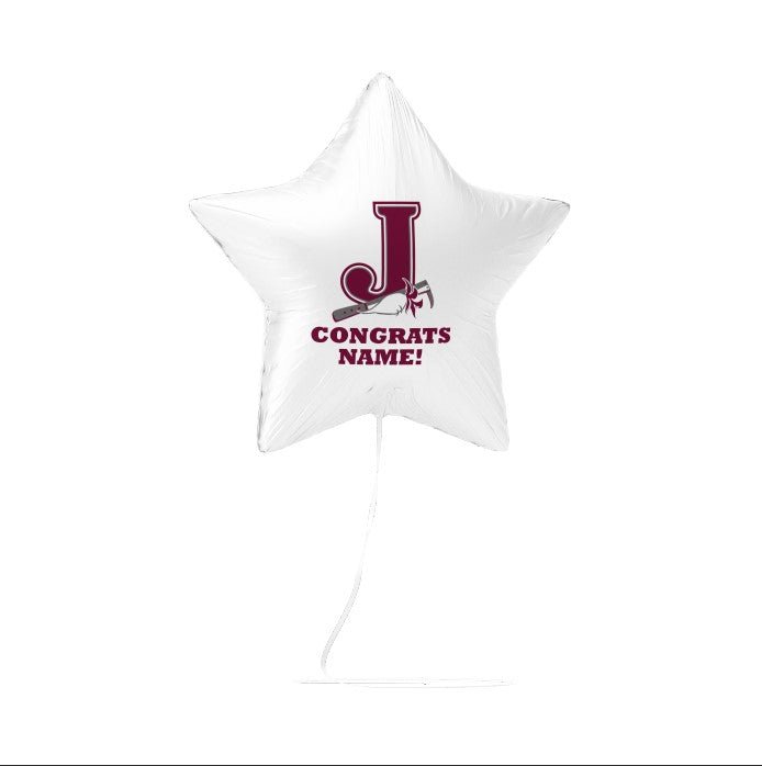 White star-shaped balloon with red letter 'J' and text on a white background