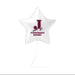 White star-shaped balloon with red letter 'J' and text on a white background