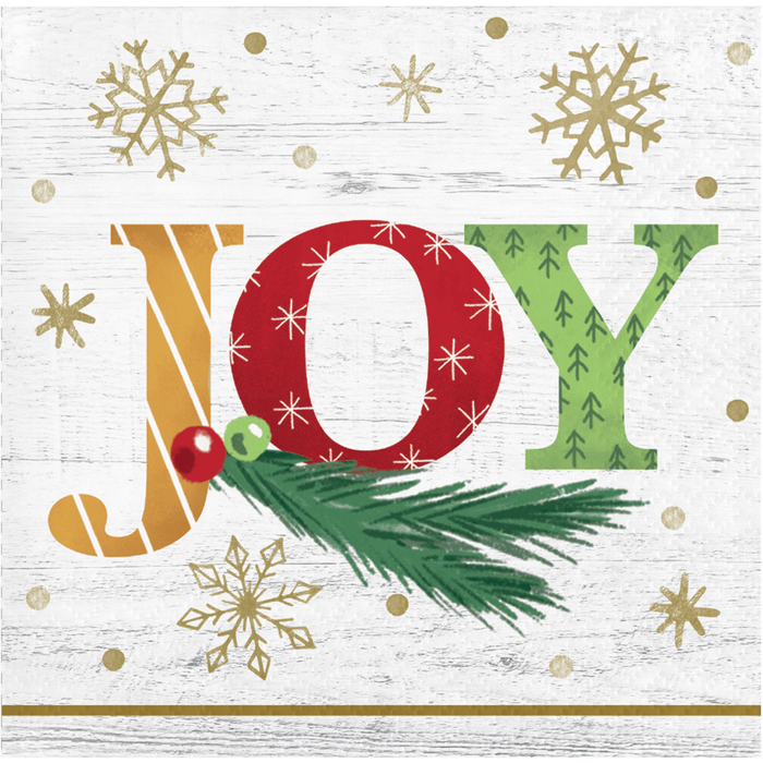"JOY" Holiday Napkin with Snowflakes and Evergreen Accents | 1ct - Zurchers