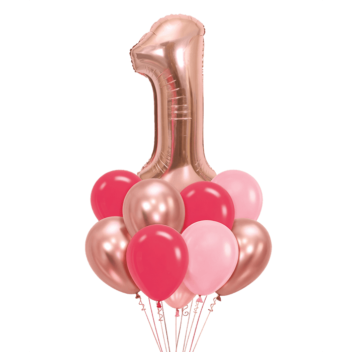Customizable birthday balloon bouquet featuring a large rose gold number foil balloon and hot pink, light pink, and rose gold latex balloons.