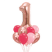 Customizable birthday balloon bouquet featuring a large rose gold number foil balloon and hot pink, light pink, and rose gold latex balloons.