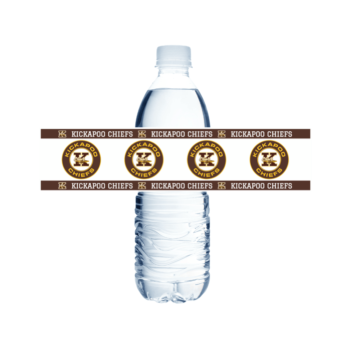 Clear water bottle with Kickapoo Chiefs branding on a white background