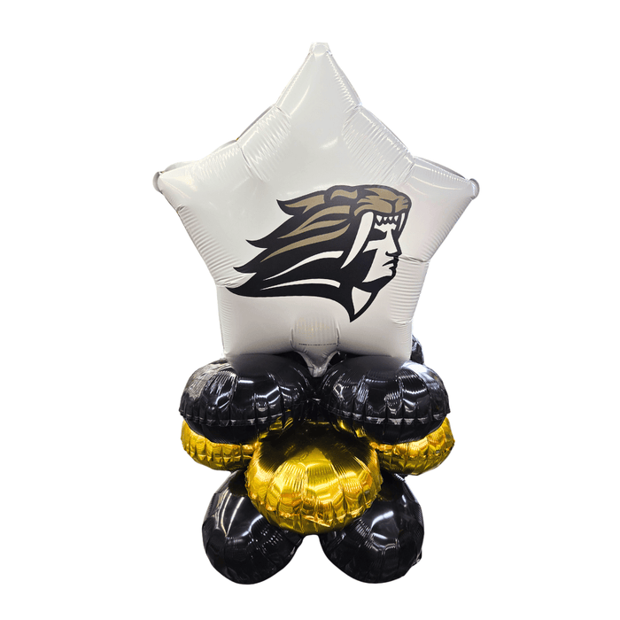 Balloon arrangement with a star-shaped white balloon featuring a logo, surrounded by smaller black and gold balloons on a white background.