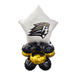 Balloon arrangement with a star-shaped white balloon featuring a logo, surrounded by smaller black and gold balloons on a white background.