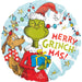 A product shot of an inflated 18-Inch Christmas Merry Grinchmas Round Mylar Balloon.