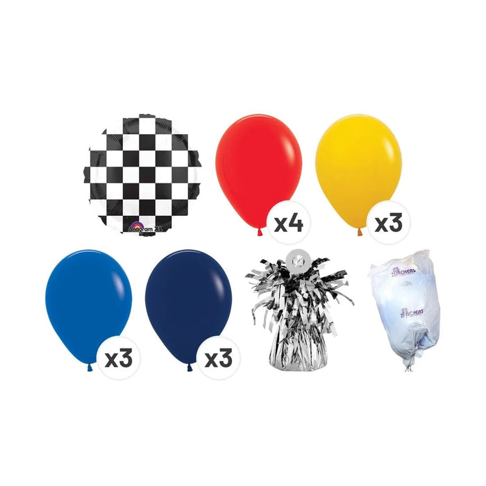 Lightning McQueen birthday balloon bouquet product kit image showing a black-and-white checkered round foil balloon, 4 red latex balloons, 3 yellow latex balloons, 3 blue latex balloons, 3 navy latex balloons, a matching balloon weight, and a balloon transport bag.