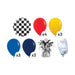 Lightning McQueen birthday balloon bouquet product kit image showing a black-and-white checkered round foil balloon, 4 red latex balloons, 3 yellow latex balloons, 3 blue latex balloons, 3 navy latex balloons, a matching balloon weight, and a balloon transport bag.
