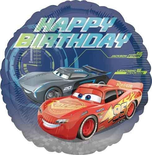 Alt text: Disney Cars birthday foil balloon featuring Lightning McQueen and Jackson Storm race cars on a blue racetrack-style background with large “Happy Birthday” lettering.