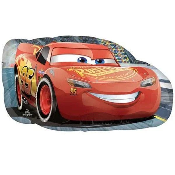 Lightning McQueen car-shaped foil balloon featuring a red race car design with the number 95, smiling face, and racetrack background.