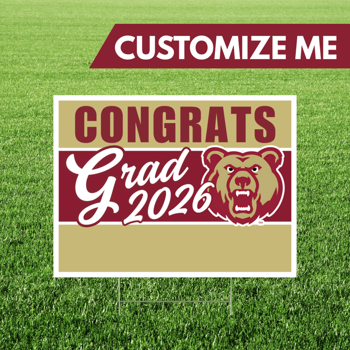 Graduation-themed sign with bear graphic and customizable text on grass background