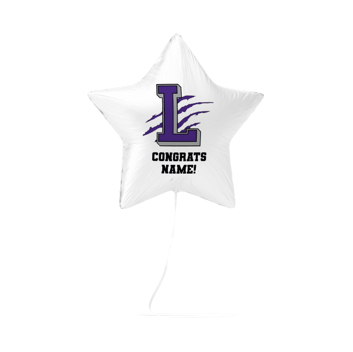White star-shaped balloon with personalized text on a white background