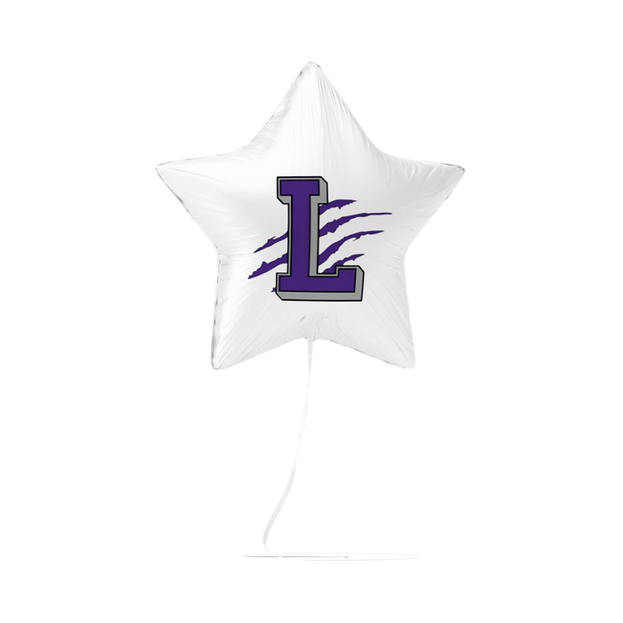 White star-shaped balloon with a purple letter 'L' on a white background