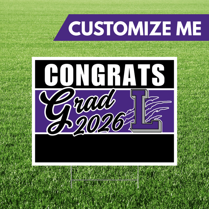 Graduation-themed customizable sign with 'Congrats Grad 2026' on a grass background